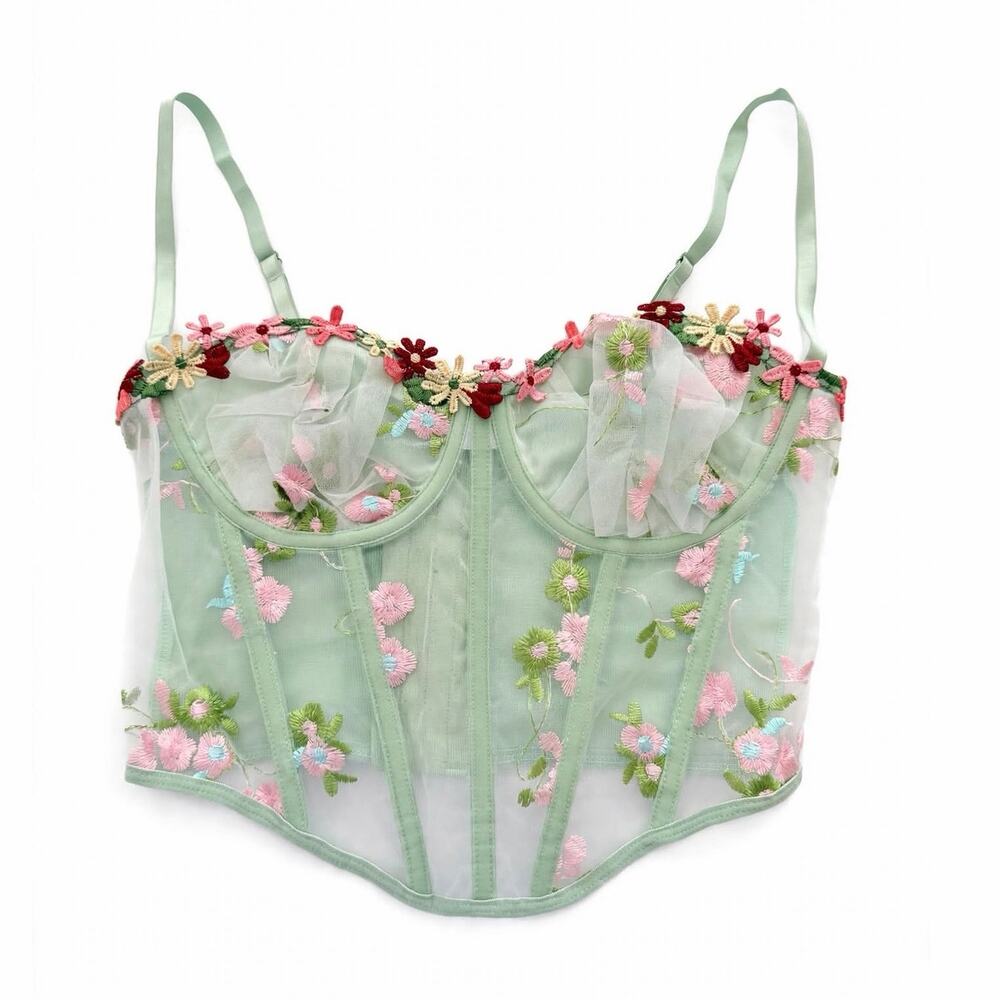 SHEIN Mint Green Floral Embroidered Mesh Corset Top L Bustier Fairy Cottagecore